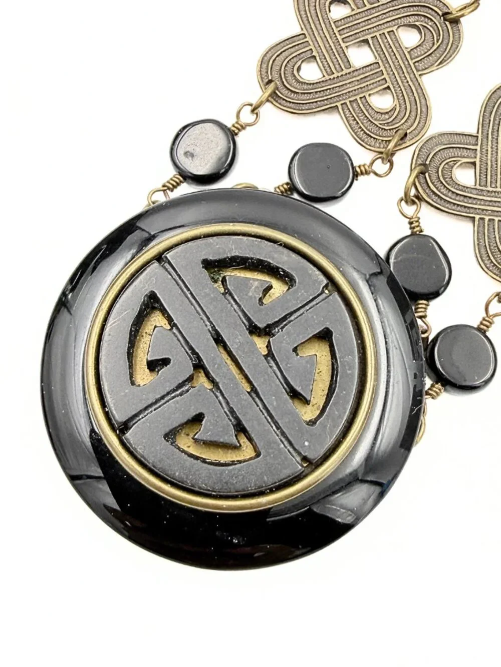 Jan Michaels Signed San Francisco Onyx Celtic Asian Fusion Brass Tribal Necklace